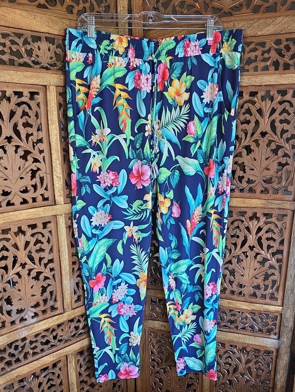 Tommy Bahama Navy Tropical Floral Pull-On Pants Size L